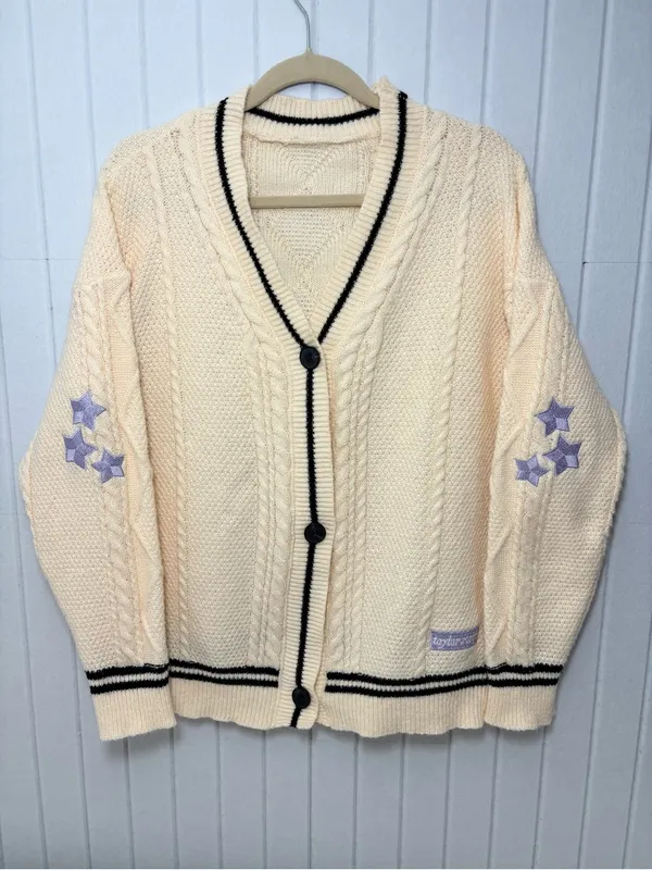 Taylor Swift‎ Cream Cable Knit Cardigan with Lavender Star Sleeves size M - Image 4