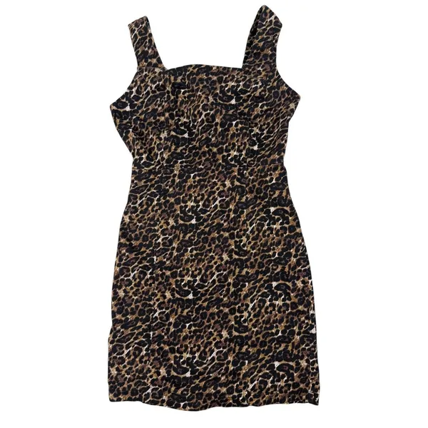 Leopard Print Mini Dress Womens XS Brown Black Square Neck Bodycon Stretch Y2K - Image 10
