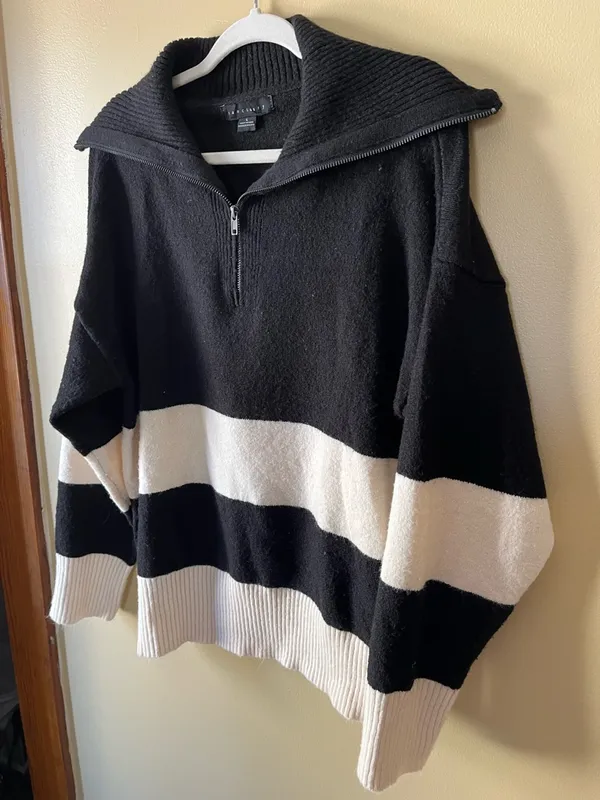 Sanctuary Black & White Striped Zip Pullover Sweater - Image 5