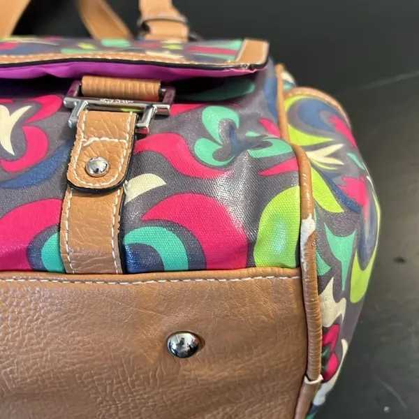 Lily Bloom Multicolor Satchel Handbag‎ Geometric Floral Coated Canvas Brown Trim - Image 10