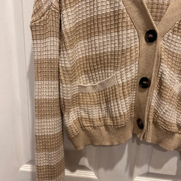 Evereve Large Kiki Cardigan Beige‎ Striped Waffle Knit Cotton Modal Sweater - Image 3
