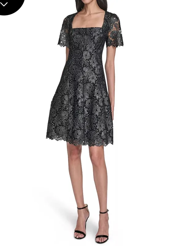 Eliza J Petite Black and Silver Square Neck Lace Fit and Flare Dress Size 10 P - Image 2