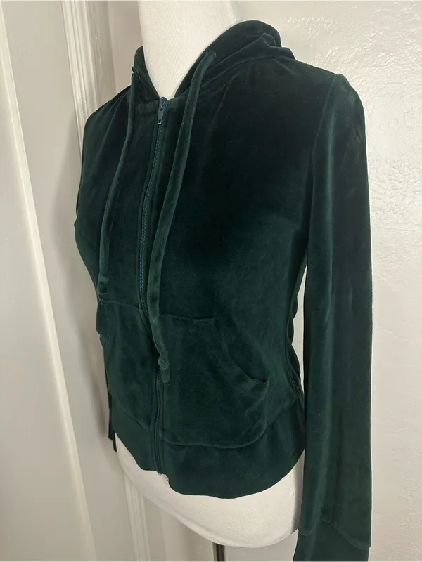 Vintage Y2K Style Deep Emerald Green Velour Full-Zip Hoodie - Image 2