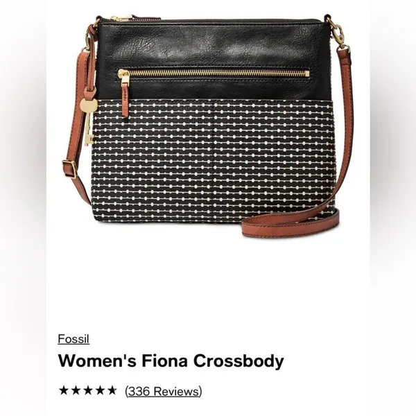 Fossil Fiona Crossbody Bag Coated Canvas Key Print Stripe Black White Brown - Image 2