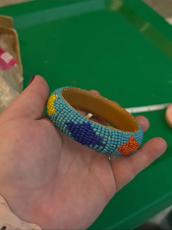 Native Hand-Beaded Turquoise Bracelet with Colorful Accents leather interior - Image 2