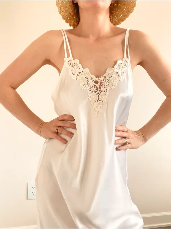 Vintage Cream Lace-Trim Satin Maxi Slip Dress - Image 3