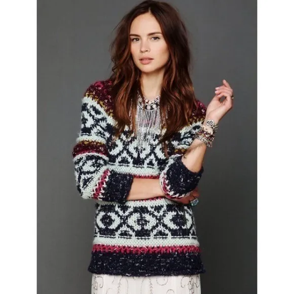 FREE PEOPLE Silver Reed Chunky Knit Fairisle Fair Isle Sweater Wool Linen Small - Image 5