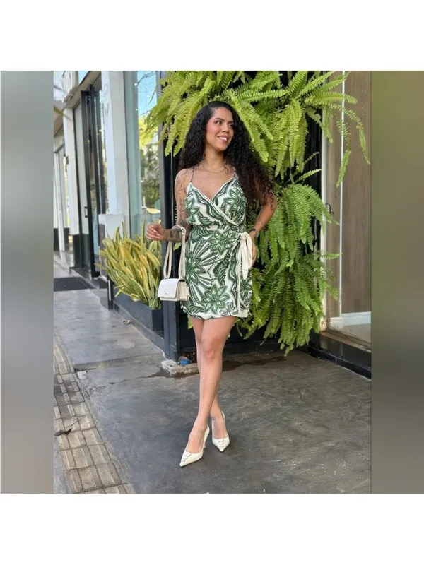 FARM Rio Green and White Floral Wrap Mini Dress - Image 2