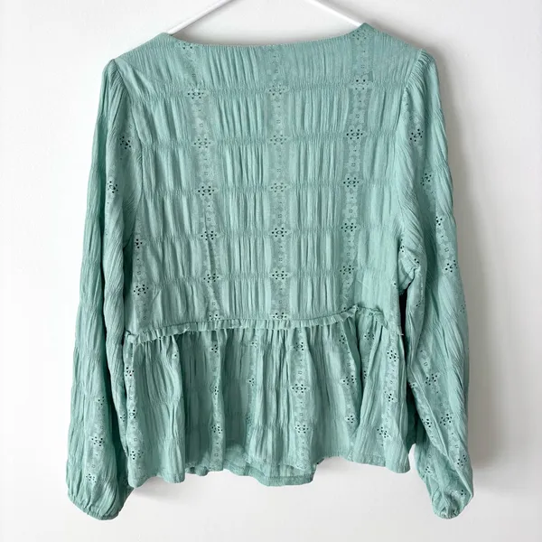 Frye & Co. Green Teal Eyelet Peplum Blouse Lace Floral Western Boho Flowy - Image 9