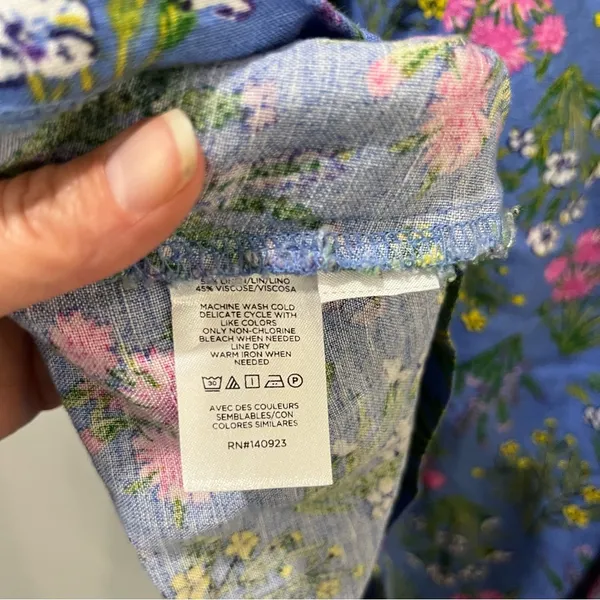 LOFT Women’s 2 Floral Babydoll Dress Blue Linen Blend Scoop‎ Neck Puff Sleeve - Image 8