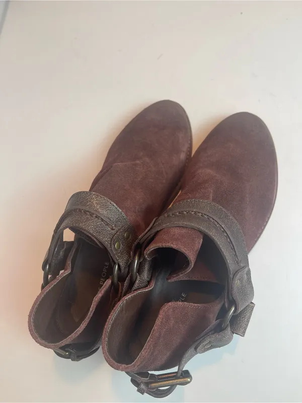 Free People Belle Harness Boots Brown Suede Leather Ankle Booties Buckle Size 8 - Image 10