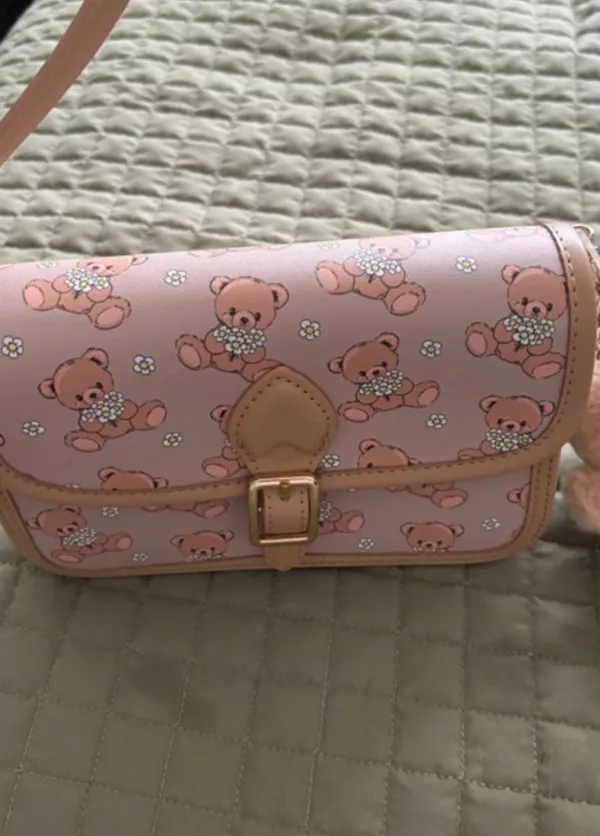 & Other Stories Pink Teddy Bear Print Crossbody Bag Gold Hardware Chain Strap Buckle Charm - Image 2