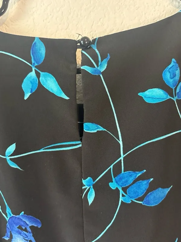 Expressions Black Maxi Dress with Blue Floral Print and tie back waist - Image 5