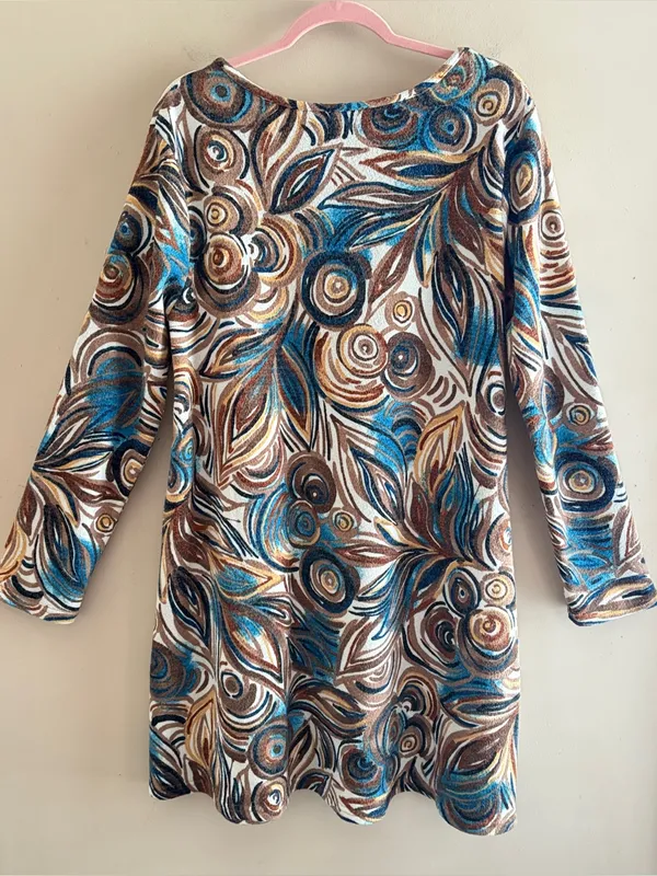 ARYEH‎ 60s/70s Inspired Boho Abstract Floral Print Long-Sleeve Knit Shift Dress - Image 4