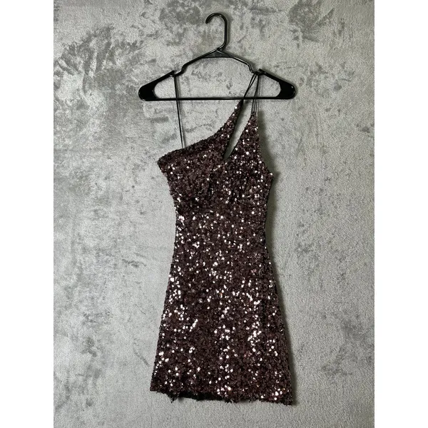 ASTR The Label Rose Gold Sequin Cutout Asymmetrical Mini Party Dress Size XS New - Image 3