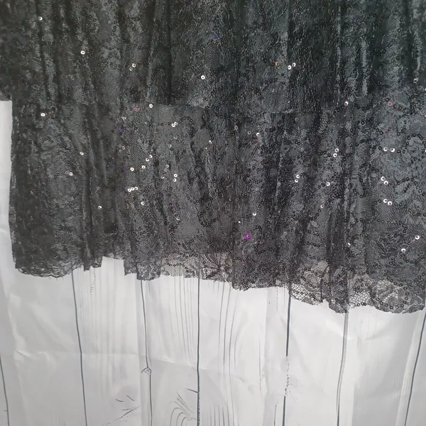 David's Bridal Short Sleeve Illusion Lace Tiered Ruffle Black Homecoming Dress - Image 14