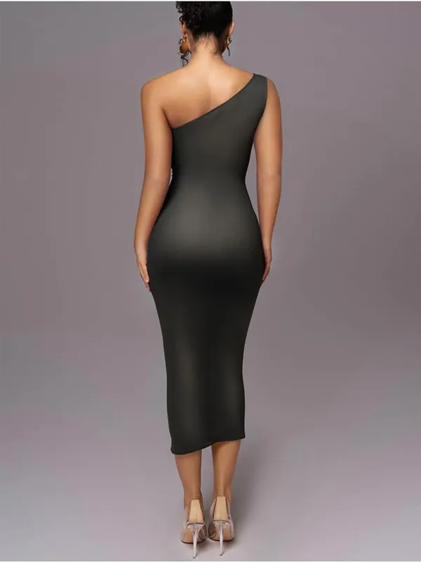 One Shoulder Black Rushed Bodycon Midi Dress - Image 2