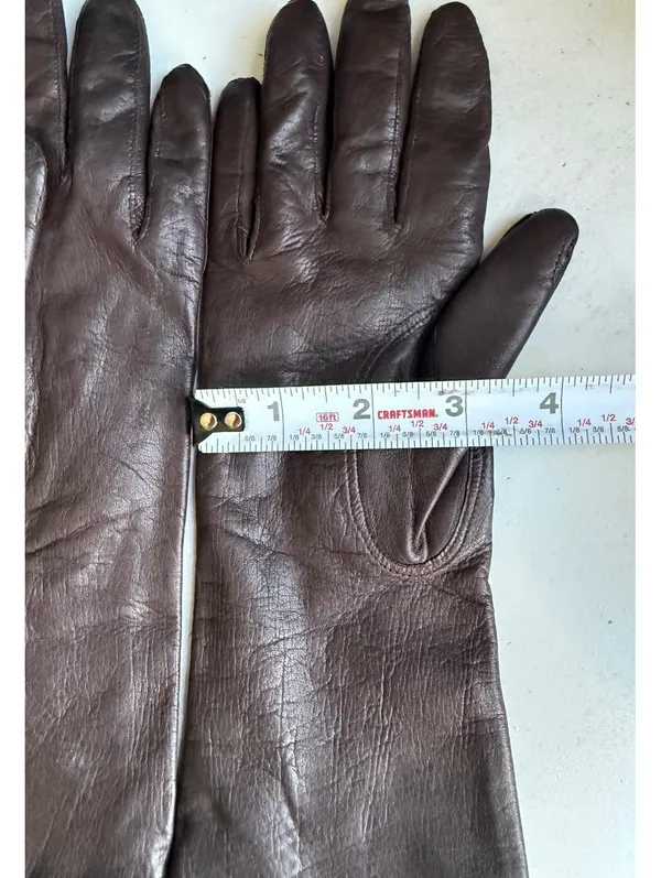 Vintage Long Brown Leather Gloves with Blue Knit Lining Size 7 - Image 5