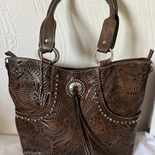 American West Hand Tooled Leather Handbag Western Bag Shoulder Purse Tassel - Image 7