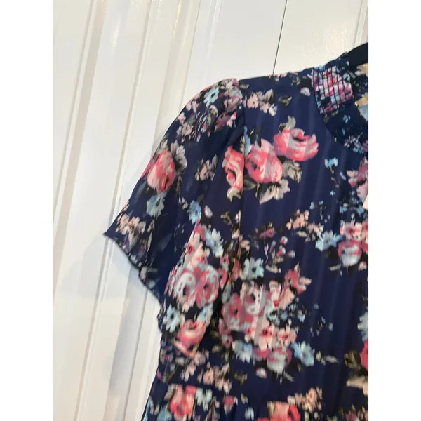 Orange Creek Los Angeles Blue Floral Short Sleeve Midi Dress Small‎ - Image 4