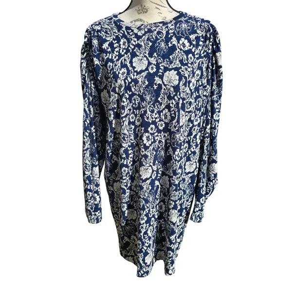 ZARA Floral Print Long‎ Sleeve Mini Dress Navy Blue White Puff Sleeve Large - Image 2