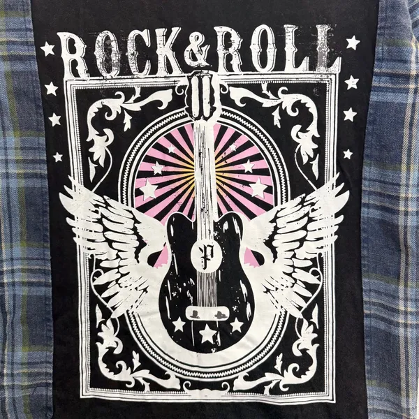 Panache Apparel S Flannel Shirt Rock‎ & Roll Graphic Guitar Patch Plaid Western - Image 5