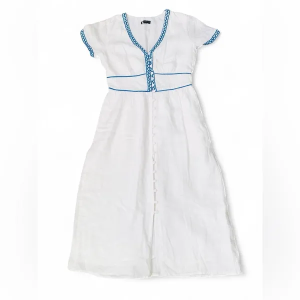J.Crew White 100% Linen Embroidered Midi Dress Blue Ric Rac Button Front Size 2 - Image 2