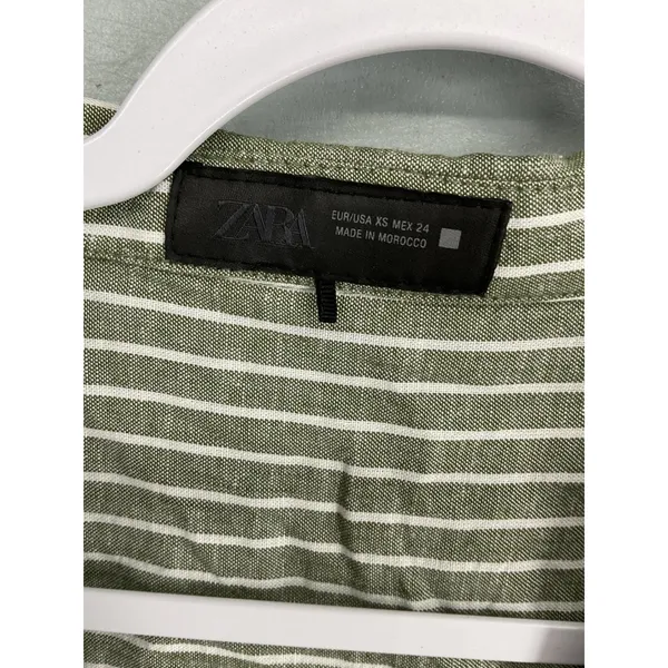 Zara Women Button Down Shirt Olive Green White Striped Cuffed Sleeve Size XS - Image 5