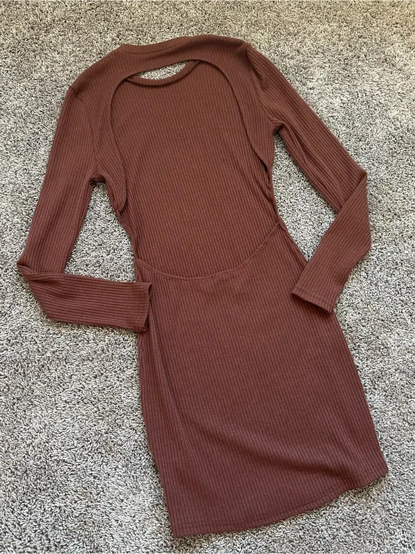 Ribbed Long-Sleeve Cutout Dress in Brown - Image 2