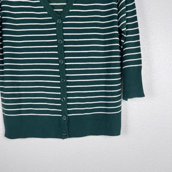 ModCloth Womens Striped Cardigan Knit Sweater Dark Green White V-Neck‎ Large - Image 4