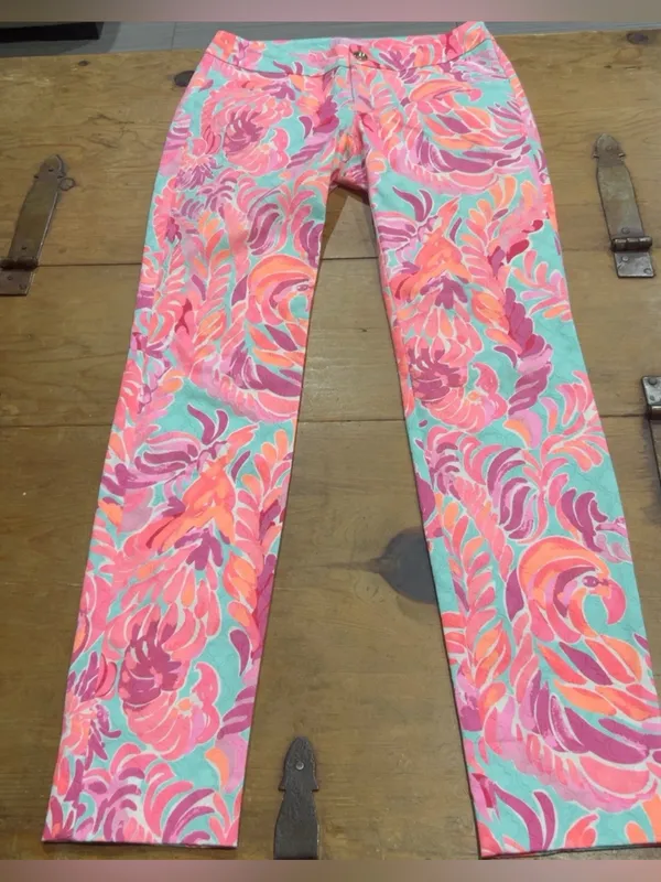 Lilly Pulitzer Floral Print Straight Leg Pants Pink Aqua Size 00 - Image 3
