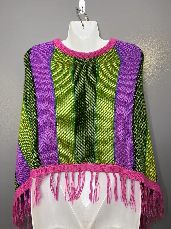 Colorful Striped Poncho Womens One Size Multicolor Fringe Knit Boho Lightweight - Image 7