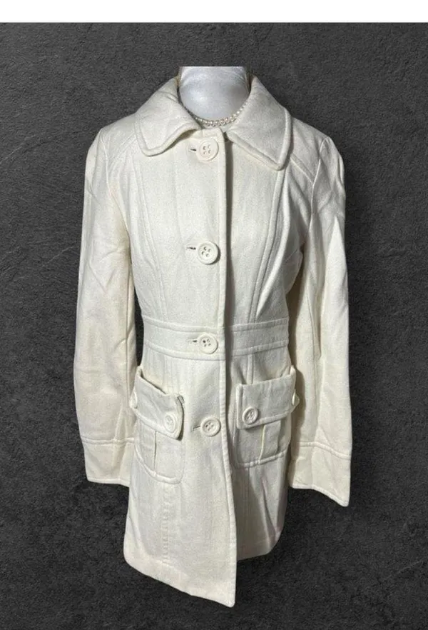 Tulle Peacoat medium Ivory Wool Blend Long Jacket Old Money Career Button-Up - Image 12