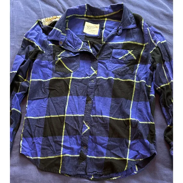 Arizona Jean Co Blue Black Plaid Sequin Back Button Down Flannel Shirt Large - Image 2