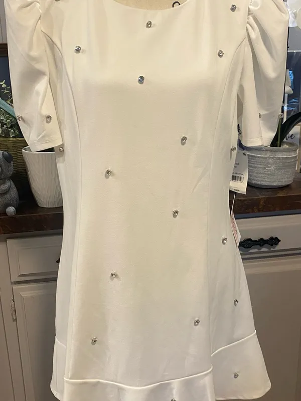 NWT Crystal Doll White Mini Dress with Puff Sleeves and Rhinestones Accents - Image 3