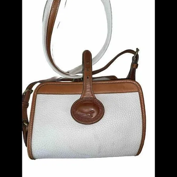 VTG Dooney & Bourke Tan/Cream/Brown Purse Signature Logo Buckle‎ Handbag - Image 9