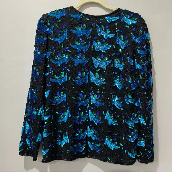 VTG Laurence Kazar SEQUIN Beaded EVENING SILK‎ JACKET Women's S Blue Black. - Image 5