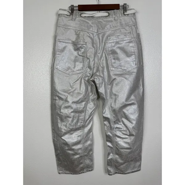 Free People We The Free Good Luck Mid-Rise Barrel Jeans Metallic Silver Foil 29 - Image 4