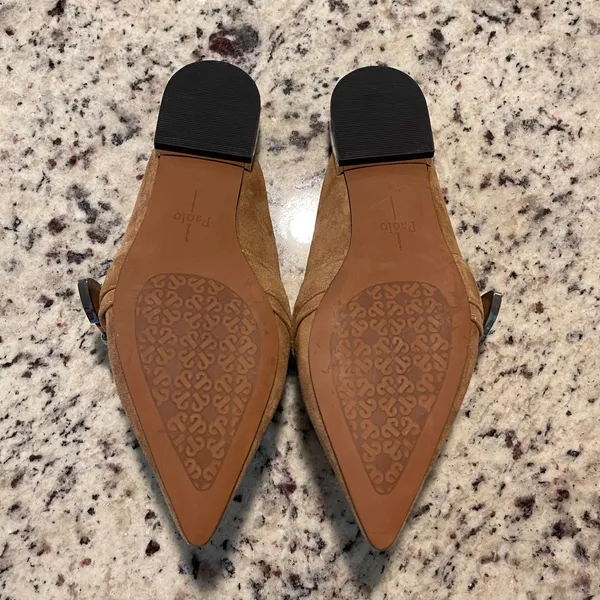 Linea Paolo Suede Mules Womens 6M Tan Pointed Toe Buckle Loafer‎ Slides Chic - Image 6