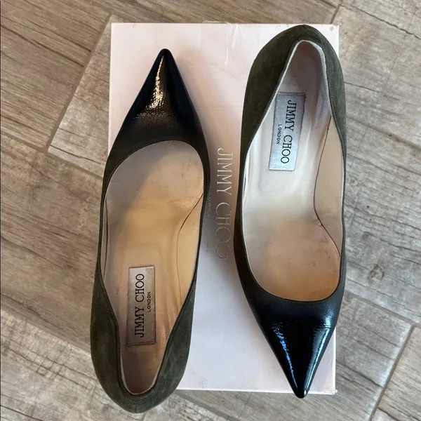 Jimmy Choo Patent Suede Black/Military 3” Heels - Image 3