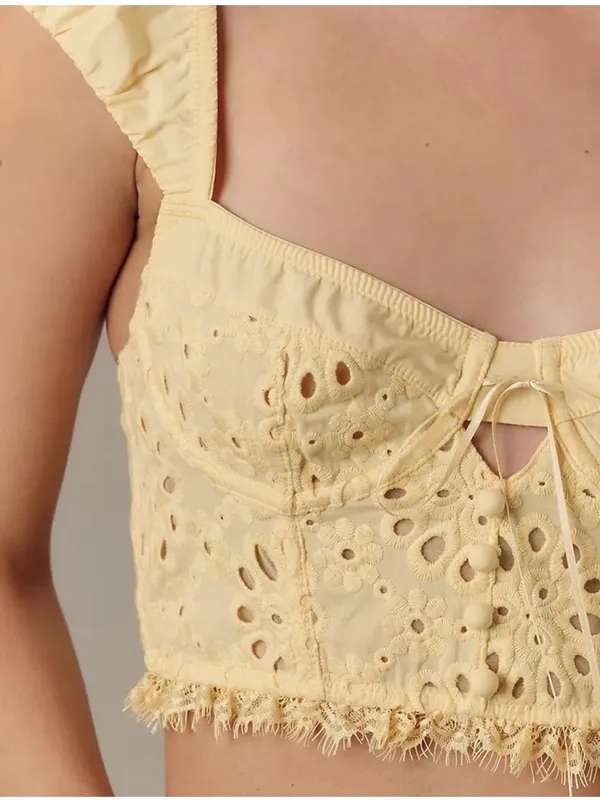Anthropologie Puff-Sleeve Yellow Eyelet Corset Top - Image 3