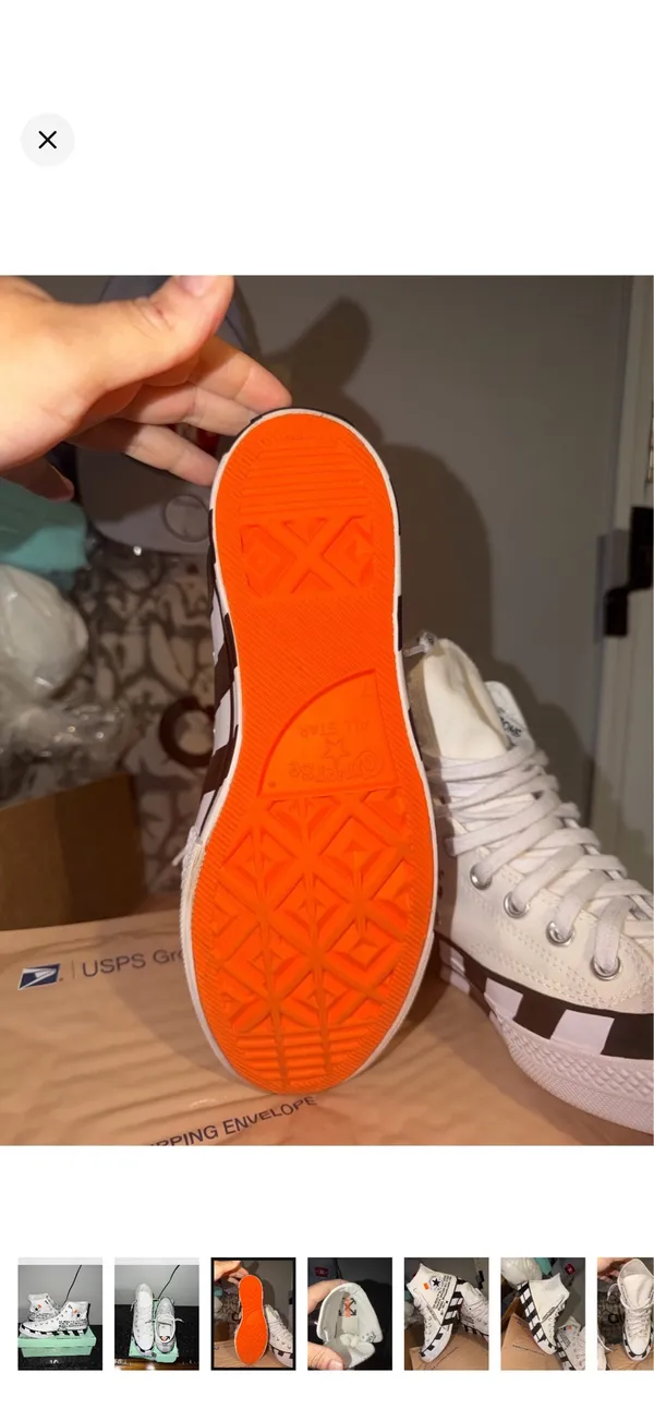 Converse White High-Top Sneakers with Black Checkerboard and Orange Tabs - Image 2