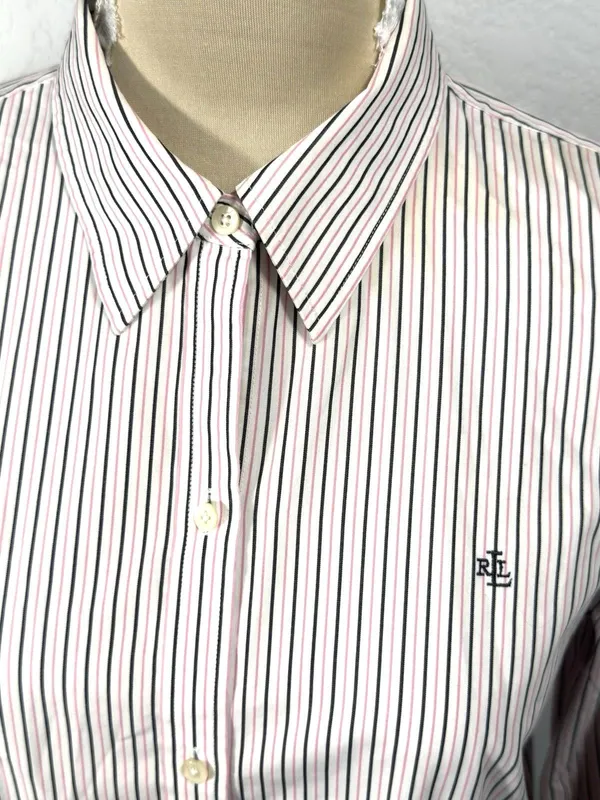 Lauren Ralph Lauren Womens Large Non-Iron Pink Black Striped Button Down Shirt - Image 3