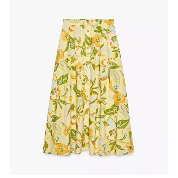 Zara Floral Printed Linen Blend High Waist Maxi Button Skirt Yellow XS - Image 2