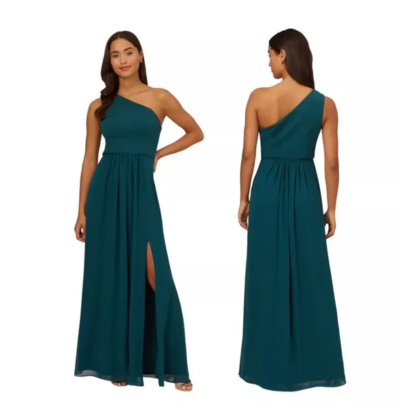 Adrianna Papell One Shoulder Chiffon Long Gown Hunter Size 8 Formal Wedding - Image 2