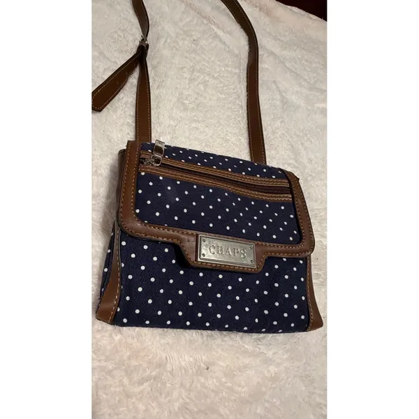 Chaps Navy Blue Polka Dot Crossbody Bag Brown Trim Canvas Small Messenger Purse - Image 16