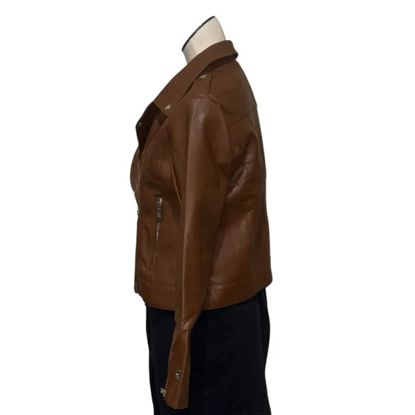 NWT Nicole Miller New York Faux Leather Motorcycle Jacket In Cognac Medium - Image 3