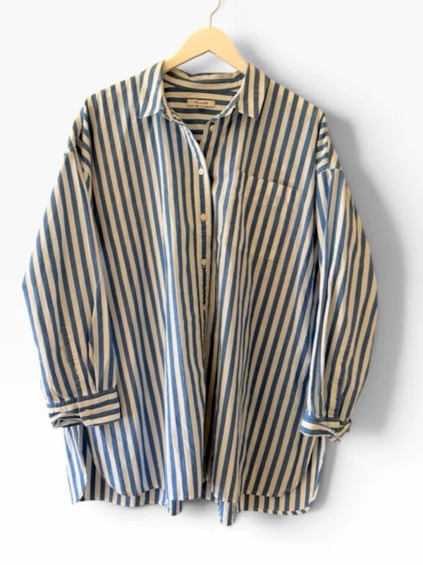 Madewell stripped Blue White Oversized Lagenlook Button Down Long SZ XL #2677 - Image 4