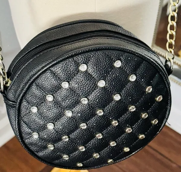 Black Quilted Studded Crossbody Shoulder Bag - Image 3
