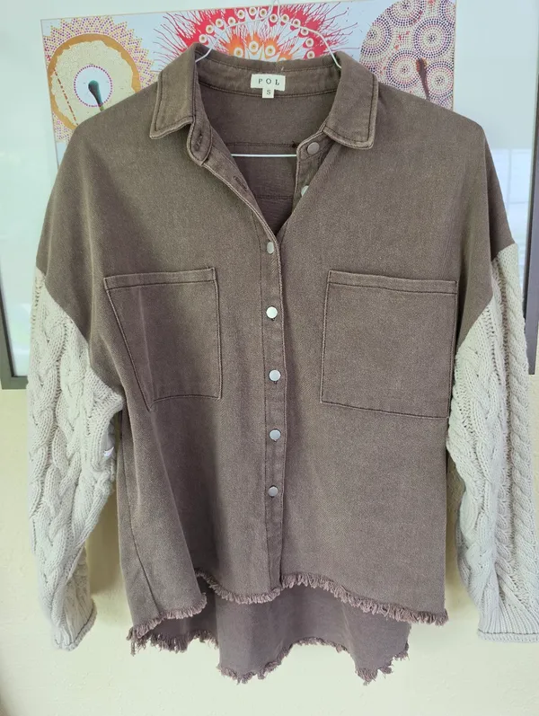 POL Cable Knit Sleeve Shacket Chocolate & Cream Small - Image 5